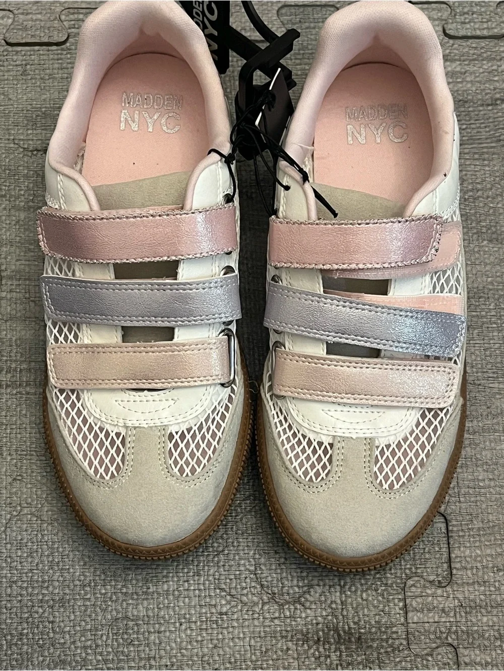 Madden NYC Girls Low Top Athletic Sneakers Hook & Loop Strap White Pink Gray